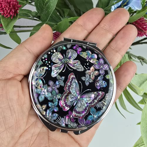 Mother of Pearl Compact Mirror, Vintage Shell Butterfly Pocket Mirror