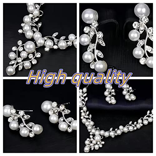 Pearl Bride Wedding Jewelry Set Faux Pearls Crystal Rhinestone Necklace Earrings Bracelet Sets for Women Bridesmaid(3 PCS) - color: Silver - Pearl B