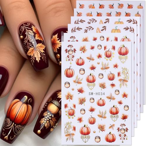 Fall Nail Art Stickers Autumn Leaf Pumpkin Nail Decals 3D Self-Adhesive Nail Art Supplies 6PCS Maple Leaves Pumpkin Nails Design Fall Stickers for Nails Women DIY Manicure Decorations Accessories - style: style7