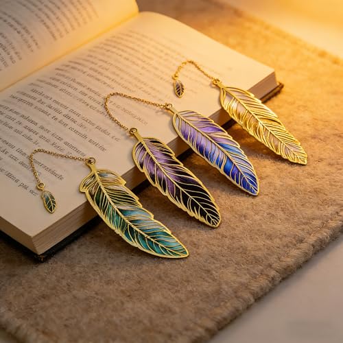 4Pcs Fantasy Feather Bookmarks for Books, Metal Bookmark with Chain, Unique Reading Accessories for Women Book Lovers, Teachers, Students - style: 4Pcs Feather