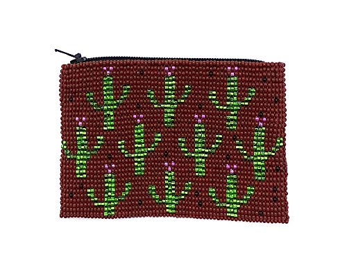 Multi Saguaro Cactus Pattern Czech Glass Seed Beaded Coin Purse Zipper Pouch - Womens Fashion Handmade Bags Boho Travel Accessories (Brown) - color: Brown