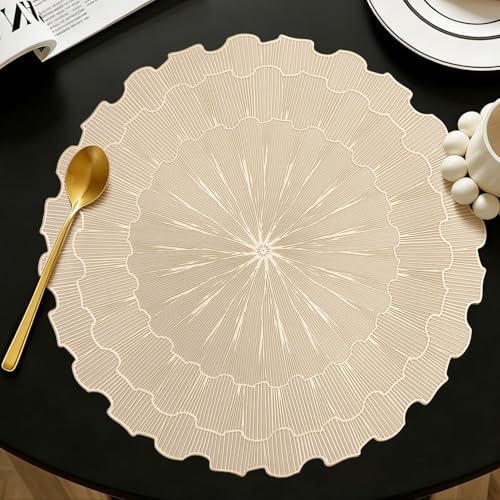 Quantum Love Set of 6 Round Vinyl Placemats Pressed Metallic 15 Inch Gold Sunflower PVC Place Mats Dinning Kitchen Waterproof Washable Table Mats for Fesitval Wedding Party Decoration - color: Gold Sunflower
