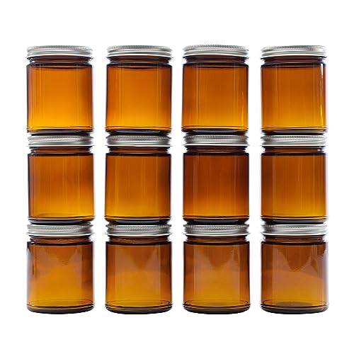 North Mountain Supply 9 Ounce Amber Glass Straight Sided Mason Canning Jars - with 70mm Silver Metal Lids - Case of 12