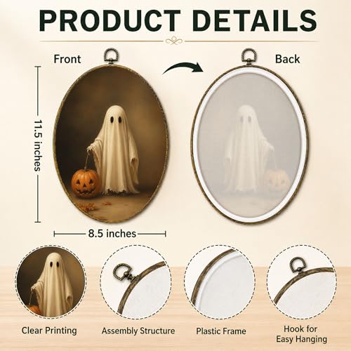 Ghost Pumpkin Oval Wall Art, Framed Canvas Decor, 8.5x11.5 Inch - color: Ghost Hold Pumpkin