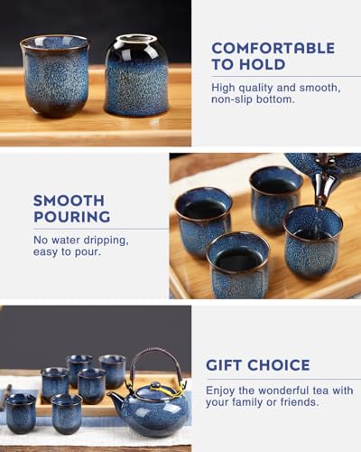 DUJUST Japanese Tea Set for 6, Kiln Altered Glaze Porcelain Tea Set with 1 Teapot, 6 Tea Cups & 1 Tea Tray, Unique Chinese Tea Sets for Adults/Tea Lovers/Women/Men, Blue - color: Teasets - Blue