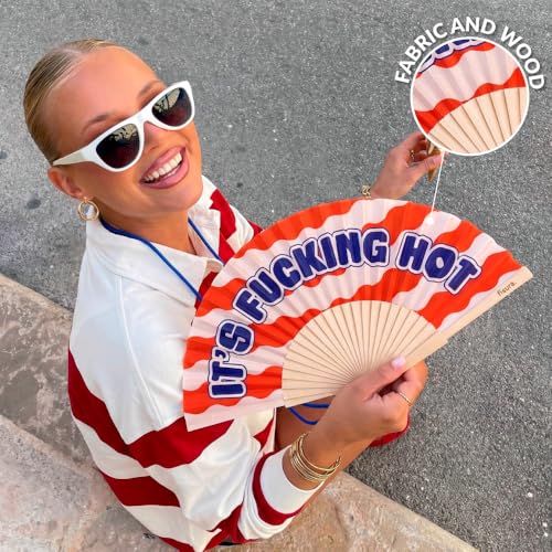 Fisura – Original folding fan with “f*cking hot” message. Modern and colorful wooden folding fan. Red wave folding fan. Includes strap. Fun gift idea. 16.7 x 9 in. - color: H*t, Red Waves