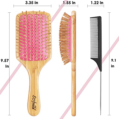 Sofmild Bamboo Hair Brush with Tail Comb, Pink Cushion Paddle Brush - color: Rose