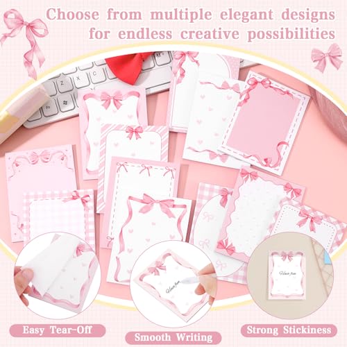 DERTE 24 PCS Pink Bow Sticky Notes Coquette Notepad Back to School Supplies