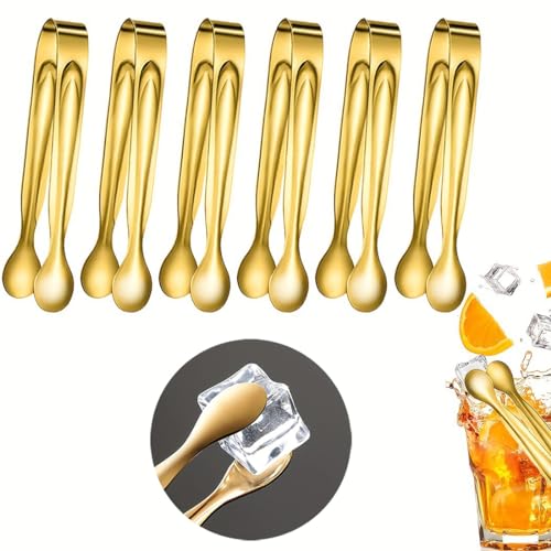 6PCS Mini Small Tiny Tongs, 4.4Inch Stainless Steel Small Tongs for Serving Food, Durable Kitchen Metal Tongs for Ice, Salad, Toaster, Desserts, Appetizers and Charcuterie Board (6 Pack, Gold)