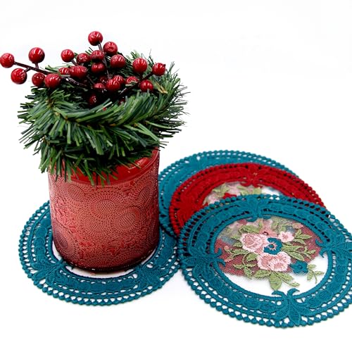 4.5'' 8pk Embroidered Floral lace Coasters, Cloth Crocheted Vintage doilies for Crafts, Small Round Teal Lace Embroidery Coasters for Tea Cups, Home Decoration, Wedding (Peacock Green) - color: Peacock Green