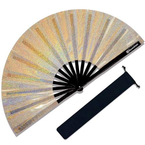 Large Rave Fan, Clack Folding Hand Fan with Premium Fabric, Thick Bamboo Frame for Men Women Gift for EDM, Festival, Club, Party, Dance, Decoration (Lridescent Beige, 13") - color: Lridescent Beige, size: 13"
