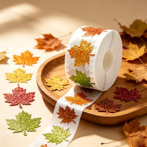 Glitter Maple Leaf Stickers Roll, Autumn Self Adhesive Decorative Labels - style: Maple Leaf