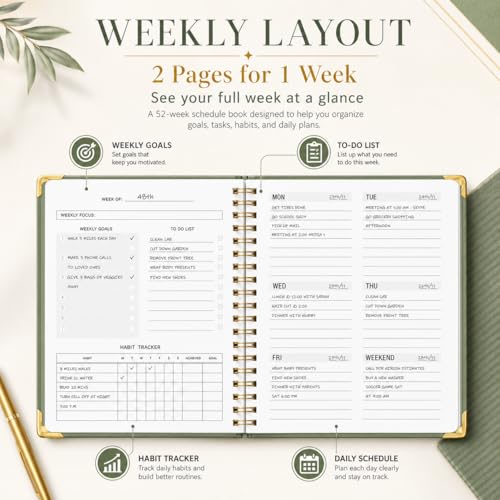KAICN Undated Weekly Planner with To-Do List & Habit Tracker, 6" x 8" - color: Green-Metal corner