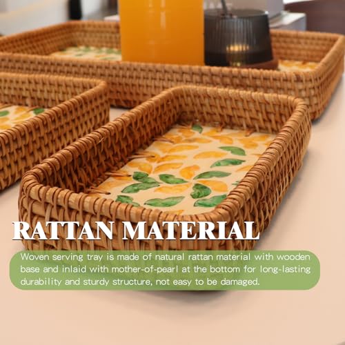Rectangle Rattan Serving Tray with Mother of Pearl Inlay, Handwoven Wicker Tray for Frui Bread Breakfast Coffee Table Party Picnic Cafe Bedroom Kitchen Home Decor Set of 3 (Wicker Yellow Green) - color: Wicker Yellow Green