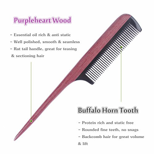 Breezelike Hair Comb for Women, Fine Tooth Wooden Tail Comb - color: Buffalo Horn Teeth and Purpleheart Handle