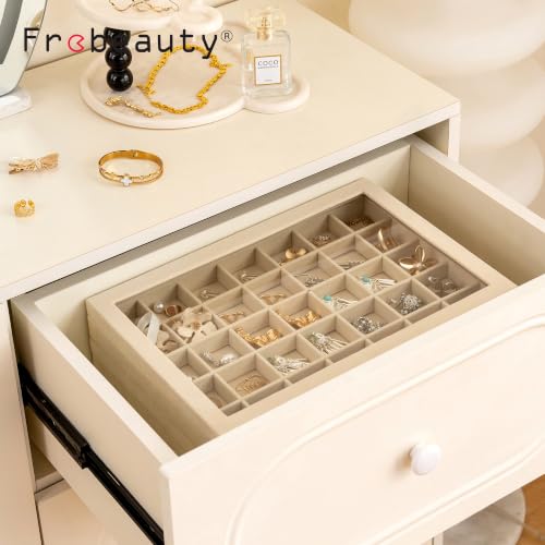 Frebeauty 35 Grid Earring Organizer,Velvet Jewelry Tray with Clear Lid - color: Beige, size: 35 Grid