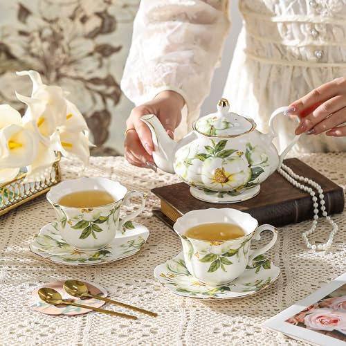 TATSUMI Country Roses Porcelain Tea Set, European Ceramic tea set for one or two,Vintage Style, For Women and Tea Parties (Green, 7 Pieces Set) - color: Green, size: 7 Pieces Set