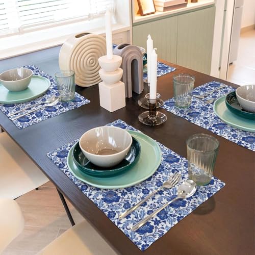 Blue and White Floral Placemat Set of 4, Chinoiserie Table Mats Washable Heat Resistant Linen Fabric Vintage Flower Place Mat for Kitchen Dining Table Home Decor - color: Blue White