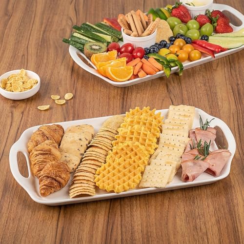 Dizada Serving Tray with Handles 16"x9.5" - White Porcelain Platters 3-Pack, Large Rectangular Serving Platters for Party, Entertaining, Fruit, Turkey, Dessert