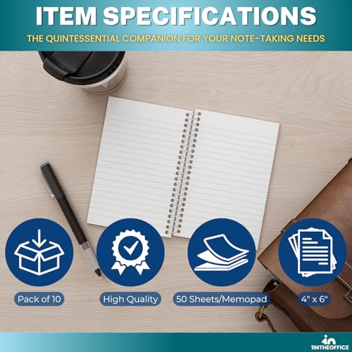 1InTheOffice Wirebound Spiral Memo Books, Memo Pads, 4" x 6", College Ruled, Small Notepad 4x6, Assorted, 50Sheets/Pad, 10 Pads/Pack