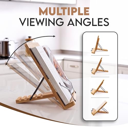 Bamboo Cookbook Stand Medium, Adjustable Book Holder Tray and Page Paper Clips - 4-Position Recipe Book Stand Holds Thick Books for Kitchen Counter, Reading, Studying, Foldable - Medium - Walnut Color - color: Walnut, size: Medium