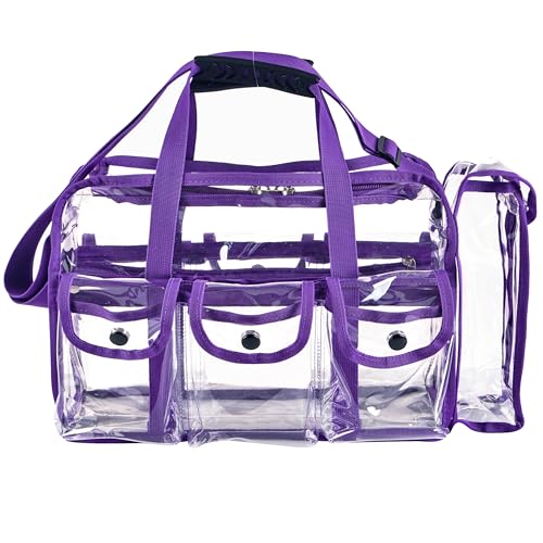 Wide Mouth Large Professional Clear PVC Travel Makeup Artist Set Bag Cosmetic Nails Beauty Bag Transparent Vinyl Tool Organizer Beach Bags Diaper Bags with 6 External Pockets & Strap (Purple) - color: Purple