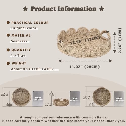 GYASVWU Seagrass Scalloped Tray with Handles,Round Rattan Serving Trays for Coffee Table,Woven Tray for Ottoman Decorative and Organizer Trays (Seagrass) - color: Seagrass