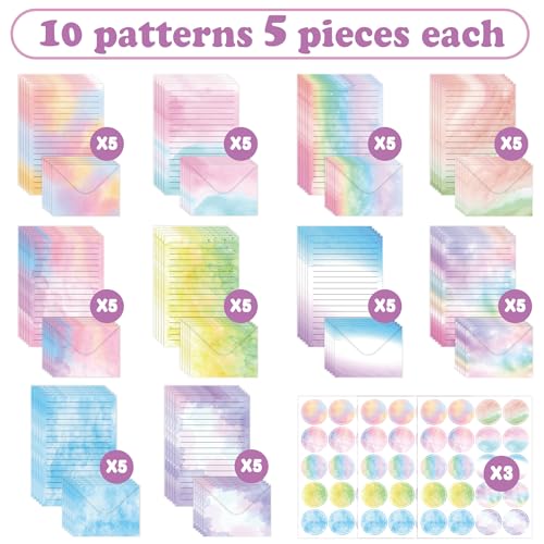 Stationery Paper Envelopes Set 160 Pcs - 50 Lined Writing Paper, 50 Envelopes, 60 Dot Stickers, Vintage/Floral/Leaf/Watercolor Multi-Style Options (STATIONERY-160PCS-WATERCOLOR) - style: Watercolor Gradient