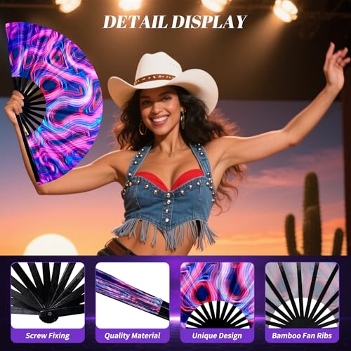 13 Inch Large Rave Fan & Clack Fan for Line Dancing - Folding Hand Fan with UV Glow for Boots on The Ground, Performance, Wedding, Party - Portable Handheld Fan for Women & Men - color: Circle*1