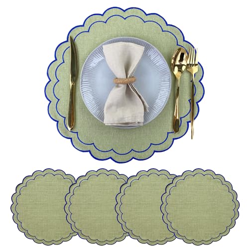 Linen Cotton Placemats Set of 4 Scalloped Flower Embroidery Place Mats 15'' Natural Linen Texture Fabric Machine Washable Table Mats for Restaurant Kitchen,Table Decor(Matcha Green) - color: Matcha Green