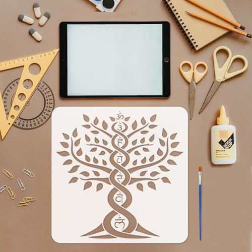 FINGERINSPIRE Tree of Life Stencil with a Paint Brush 11.8x11.8Inch Reusable Chakras Stencil PET Chakras Tree Decoration Template Plant Theme Template for Painting on Wood Wall Floor Furniture - style: Chakras Style The Tree of Life