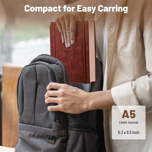 CAGIE Compass Leather Journal for Men Women, A5 Lined Notebook Writing Gift - color: Wine Red