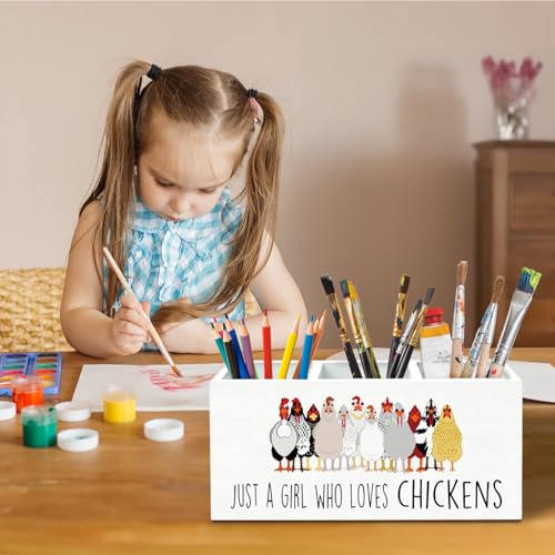 Just a Girl Who Loves Chickens Pen Holder for Desk, Chicken Lover Mom Lady Gifts Pencil Organizer, Funny Farm Rooster Hen Wooden Box Sign Desk Decor for Home Office Decoration - color: CHICKENS-3size