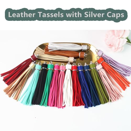 4.3'' Silver Leather Tassels 12Pcs with Silver Caps for Keychains - color: Silver