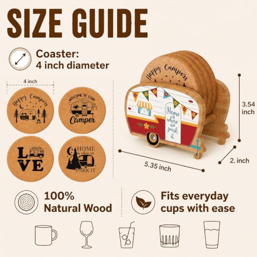 Unique Happy Camper RV Coasters Set of 4 with Holder - color: New Red