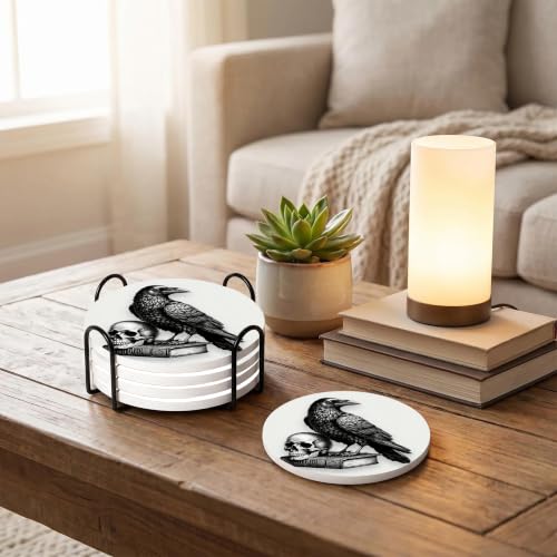 Nikyi 6 Pcs Crow Skull Art Ceramic Coasters, Round Absorbent Drink Coaster with Metal Holder and Cork Base, Black Raven Gothic Coaster for Coffee Table Kitchen Office Home Decor Gifts - color: Crow