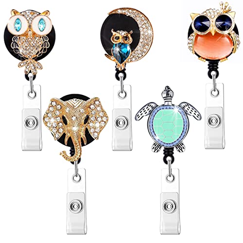 5 Pack Retractable Crystal Badge Reels with Cute Animal Design - color: 5 Pieces-owl,turtle,elephant