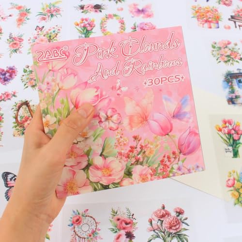 30 Sheets Precut Pink Garden Landscape Stickers Book for Junk Journal Supplies, Transparent PET Stickers for Journaling, Scrapbooking, Bujo, Collage, Card Making - color: Romantic Pink
