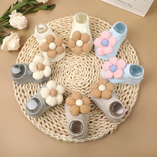 4Packs Baby Girls Socks,Flower Non-Slip Grips for Babies Toddler Princess - color: Grey Khaki Off-white Light Blue