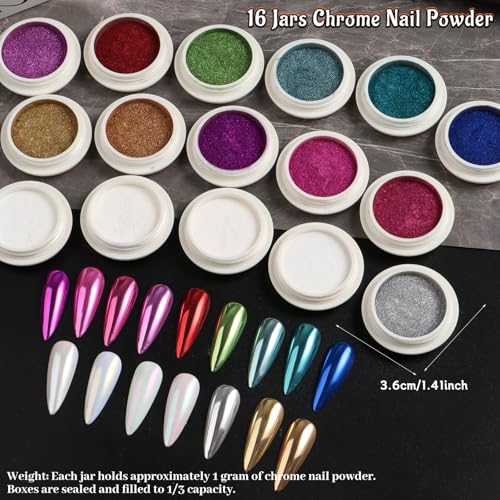 Chrome Nail Powder for Nails - 16 Colors Kit with 8 Brushes, Mirror Metallic Gold Silver Red Blue Aurora Pearl Iridescent Mermaid Shimmer Glitter for Home DIY Salon Nail Art Supplies