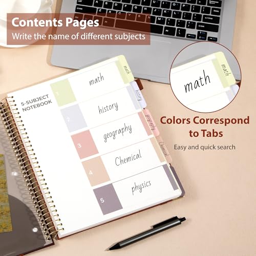Yoment Hardcover Spiral Notebook 8.5" x 11" 5 Subject Notebook with Tabs - color: Brown