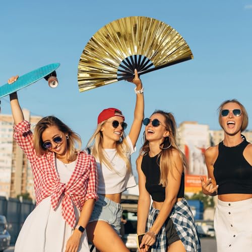 Vercraft 13" Folding Hand Fan Glitter Clack Rave Dancing,Gold,Laser - color: Gold, style: Laser