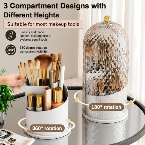 Makeup Brush Holder with Lid,360 Rotating Makeup Organizer
