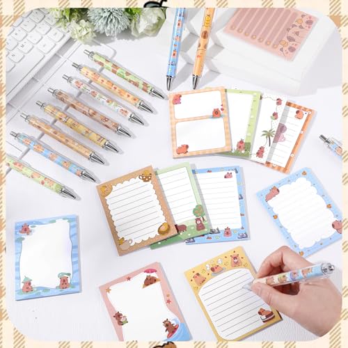Dispowreath 24 Pcs Capybara Sticky Notes with Pens Christmas Cute Cartoon Self Adhesive Notepad Capybara Lover Gifts Black Ink Ballpoint Pen for Office Teacher Supplies Birthday Party Favors - style: Capybara