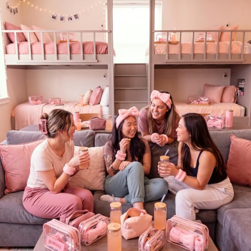 FoldTier 8 Set Spa Sleepover Party Supplies for Girls Include 16oz Glass Cups Headbands, Wristbands, Hair Claw Clips and Clear Cosmetic Bag for Women Slumber Weekend Bridesmaid Party Gifts (Pink) - color: Pink