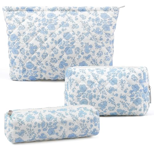 3 Pcs Makeup Bag Cosmetic Bag Set for Girls Women Checkered Travel Organizer Bathroom Toiletry Pouch Large Capacity Storage Bag(Blue Flower) - color: Blue Flower