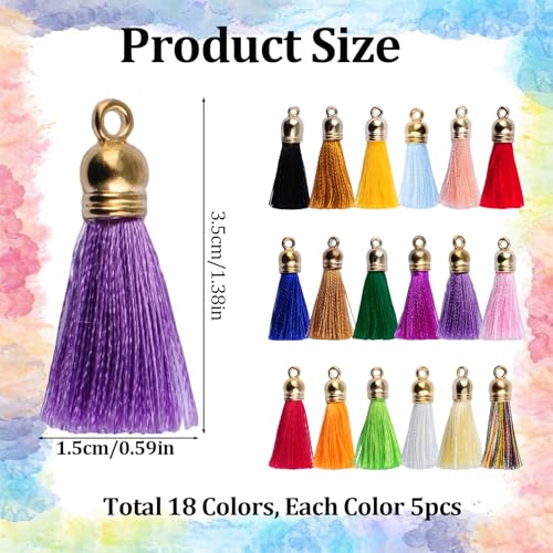 Mini Tassels Charm, 90pcs Golden Round Caps Mixed Color Mini Tiny Handmade Craft Tassels Charms for DIY Jewelry Necklace Making Accessories - color: 18 Colors-3cm