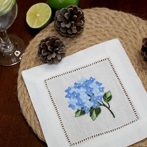 Linen Cocktail Napkins White Set of 6 Hand Embroidered Hydrangea 6"x6" Reusable Mini Cloth Hemstitched Coasters for Birthday Wedding Garden Party Present Blue