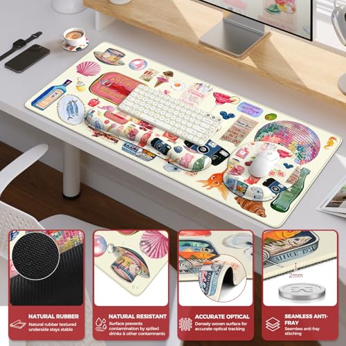 iCasso Desk Pad Mat, Large Mouse Pad and Keyboard Wrist Rest Set - color: Watercolor Stickers