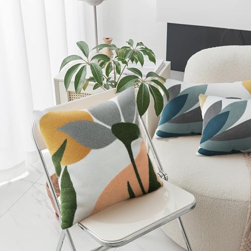 Merrycolor Boho Decorative Throw Pillow Covers Abstract Tufted Mid Century Modern Throw Pillows Leaf Sun Aesthetic Textured Pillow Cover Green Throw Pillows Cover for Bed Couch,Flower 18x18 Inch - color: Style I, size: 18" x 18" (Pack of 1)